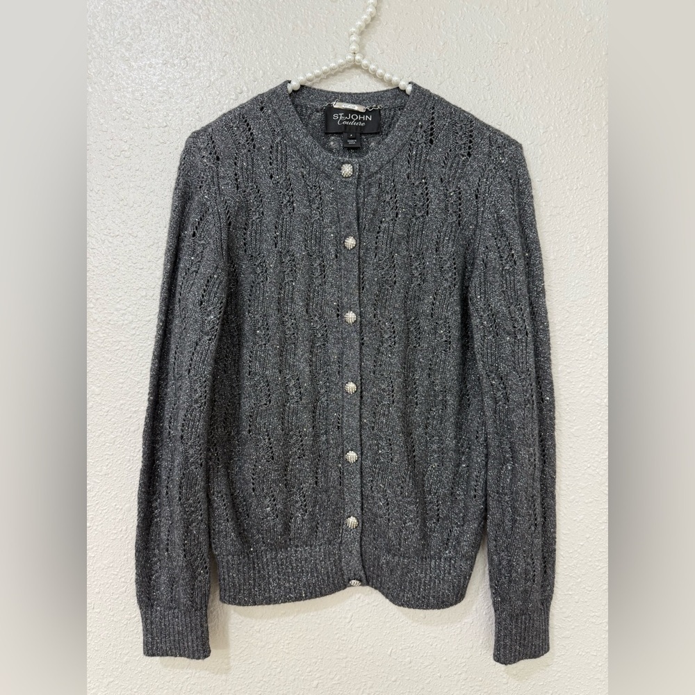 St. John Couture Cashmere Wool Cardigan Sparkling Stones & Jeweled Buttons Sz LP